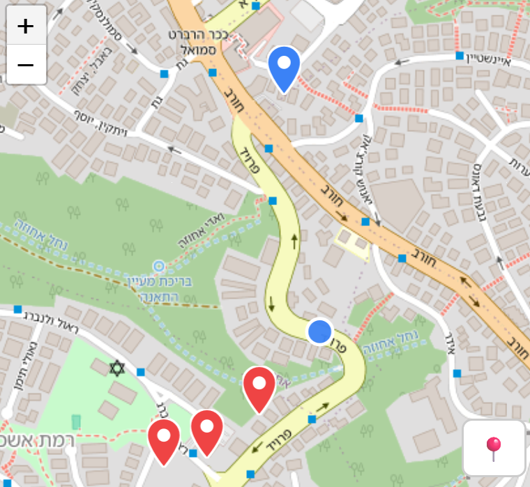 מפת רמת אשכול, חיפה - מקלטים ציבוריים (כחול), מקלטים פרטיים (אדום), והמיקום שלך